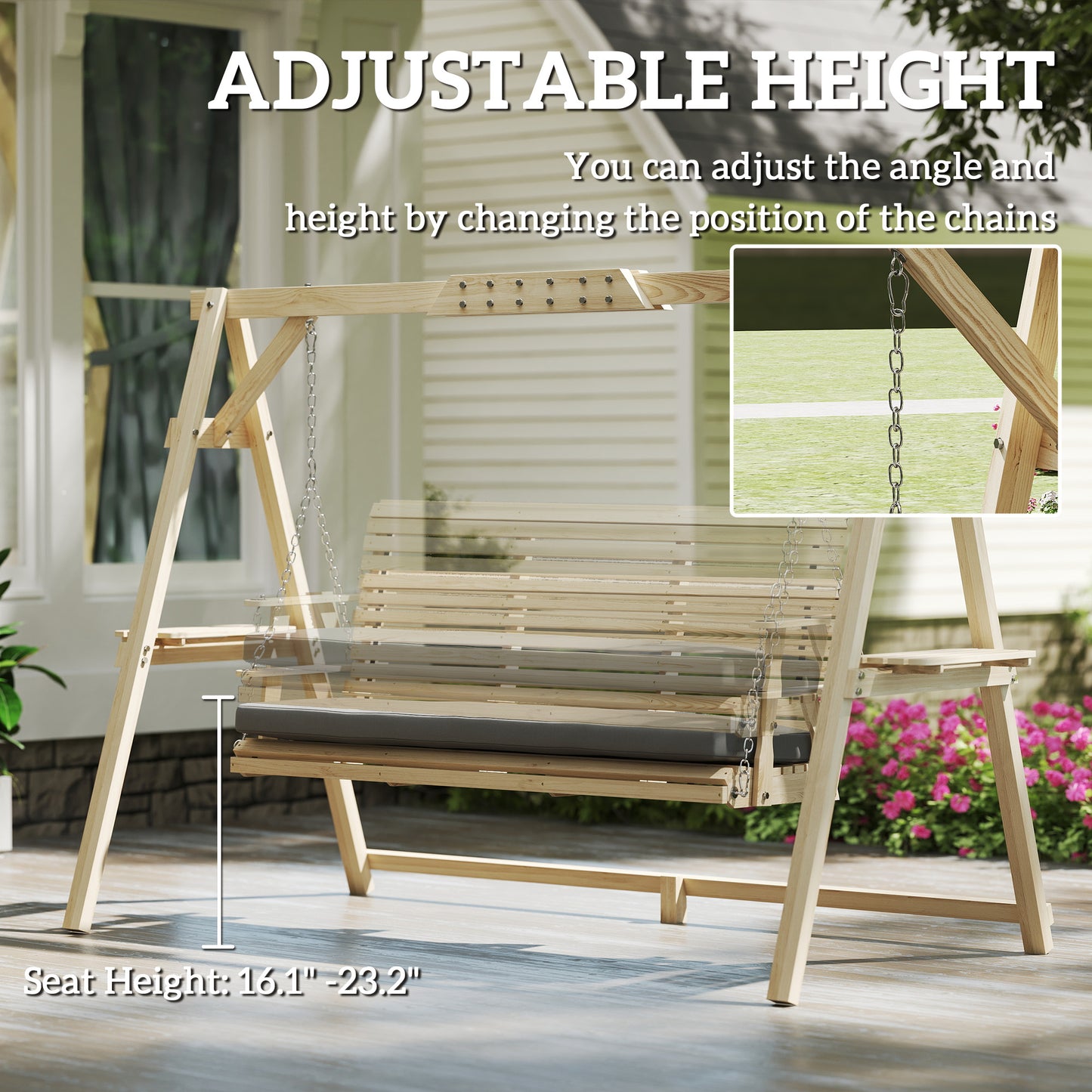 3 Seat Wooden Porch Swing with Stand, Patio Swing with Cushion, for Garden, Poolside, Backyard, Natural Wood