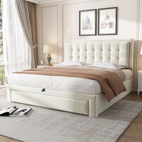Upholstered Bed,Double Bed-4ft6135X190cm, Velvet Fabric, Double Bed, Large Storage Space,With Slats And Headboard,Without Mattress,Cream