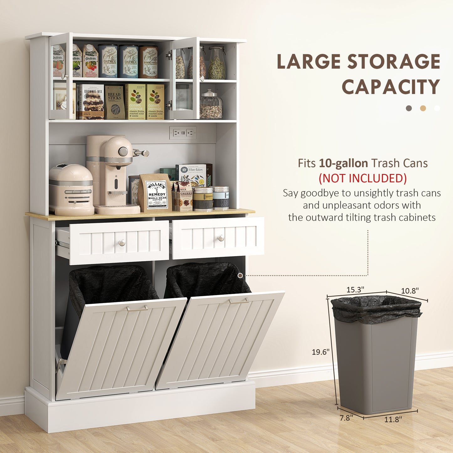 Kitchen Cabinet With Charging Station, 2 Tilt Out Cabinets, Microwave Stand, Freestanding Kitchen Pantry Cabinet, White