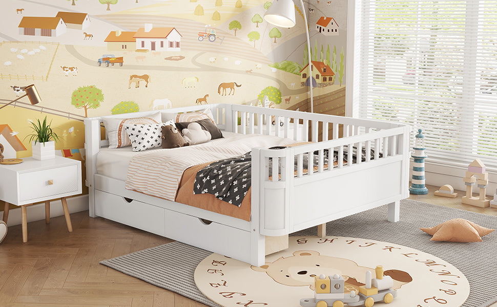 Full Size Wood Platform Bed For Kids, Wood Low Profile Full Bed With Rails For Girls And Boys, White Old SKU W2593P331684