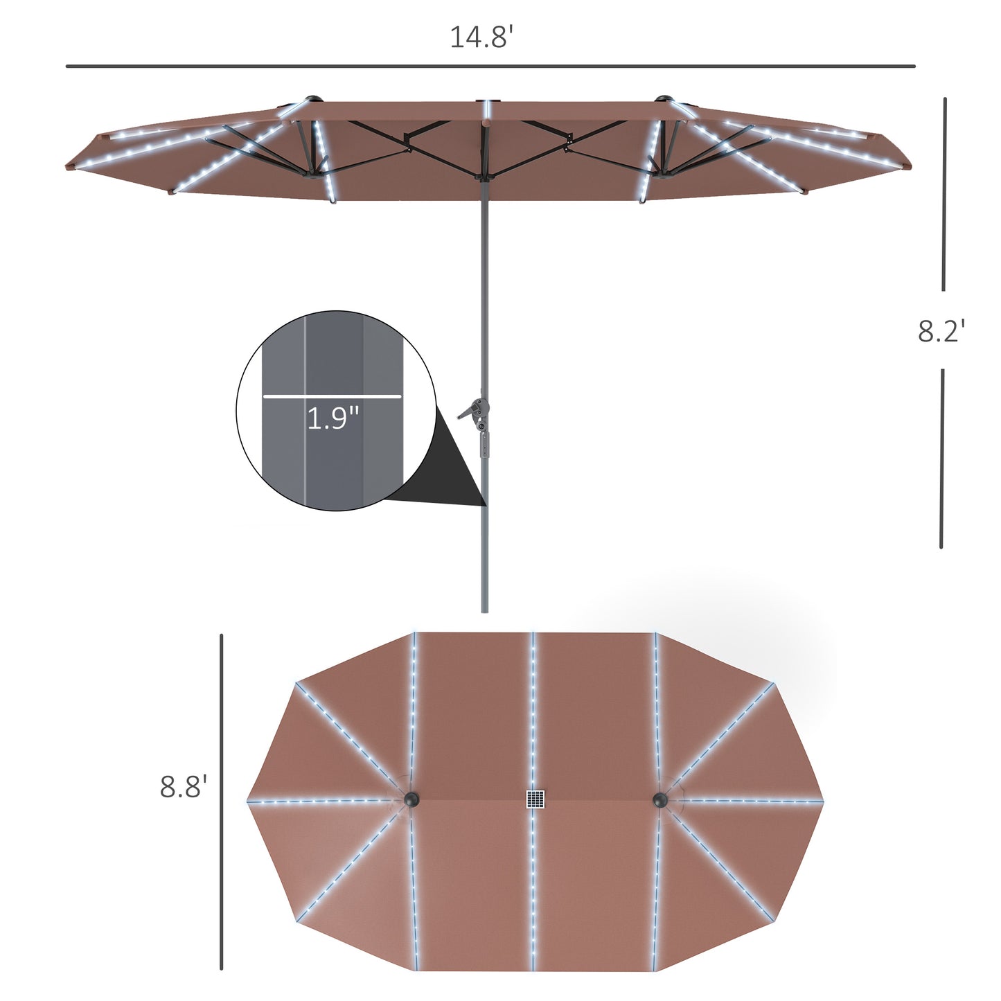 15ft Double-Sided Outdoor Umbrella With Solar Lights,  Extra Large Aluminum Patio Umbrella With Crank, Tan