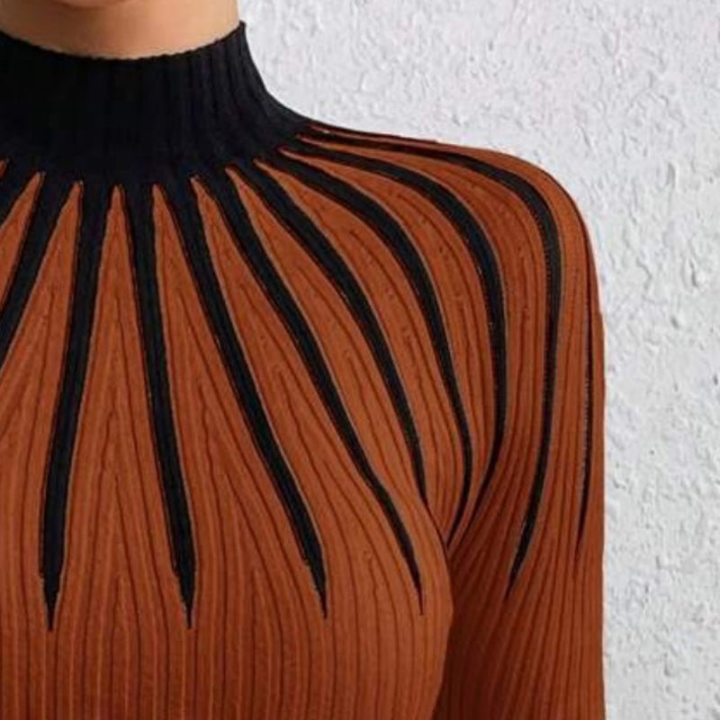 Womens Slim Fit Mock Neck Sweater, Ribbed Striped Long Sleeve Knit For Fall Winter