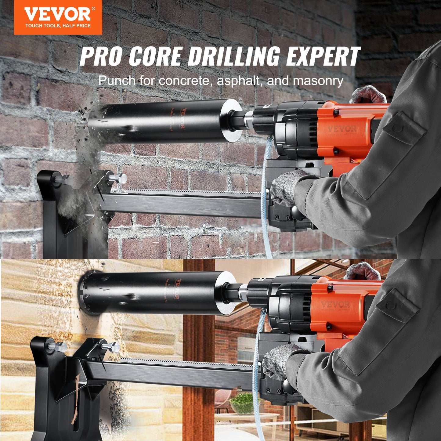 Diamond Core Drilling Machine, 10in Wet Concrete Core Drill Rig With Stand Wheels, 750RPM Speed & 1-1/4' Thread & Lifting Handle, 10in Drilling Diameter For Concrete Brick Block Stone, 2500W