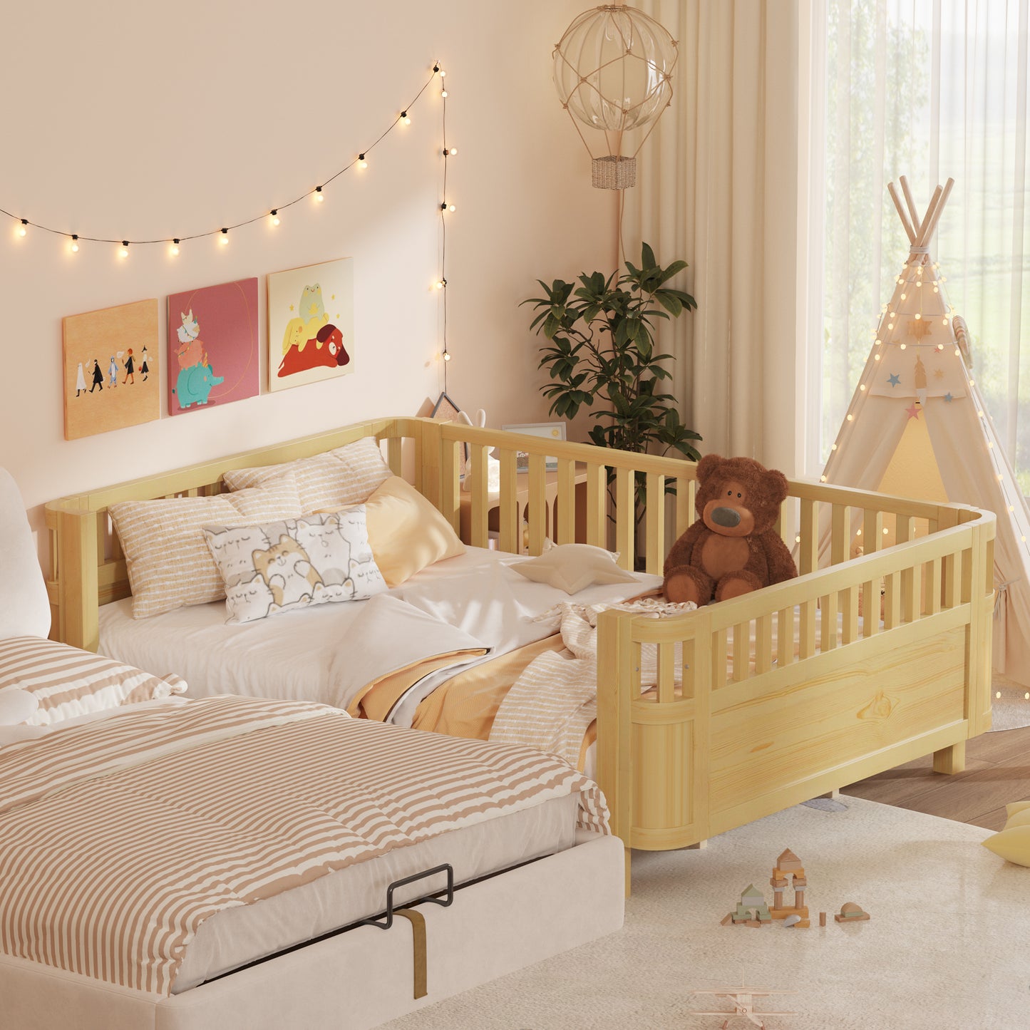 Queen Size Wood Platform Bed, Wood Low Profile Queen Bed With Rails For Girls And Boys,NaturalExpect Arrival Date 2026 3 30