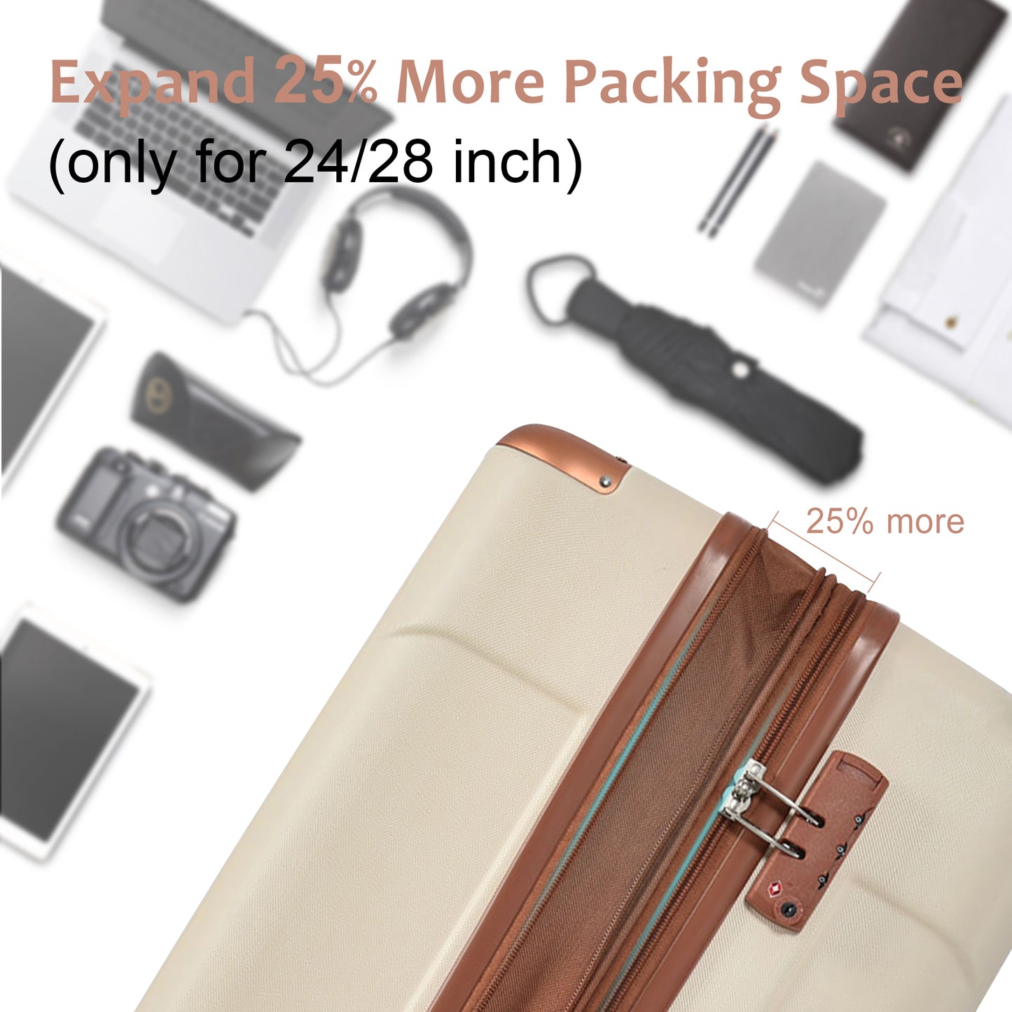 Hardshell Luggage, Lightweight Durable ABS Suitcases With Double Wheels, Expandable 28-inch Checked Luggage 28 White Brown