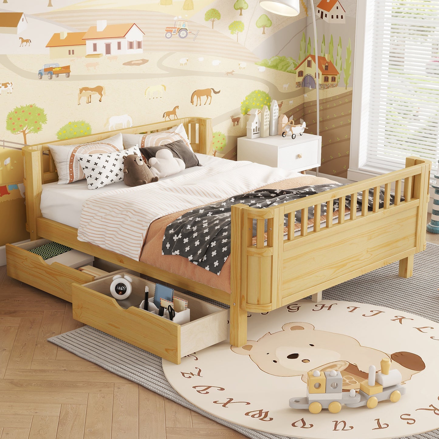 Full Size Wood Platform Bed For Kids, Wood Low Profile Full Bed With Rails For Girls And Boys, Natural