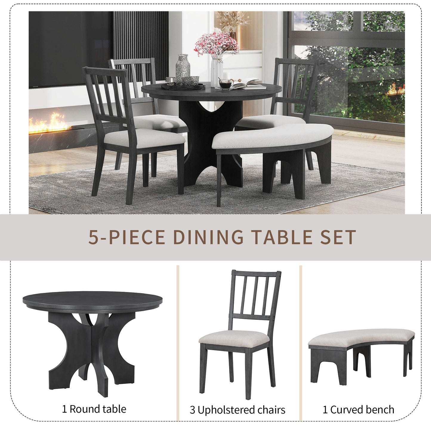TREXM 5-piece Rustic Charm Round Dining Set With 3 Upholstered Chairs And Curved Bench For Dining Room  Kitchen And Living Room  Gray