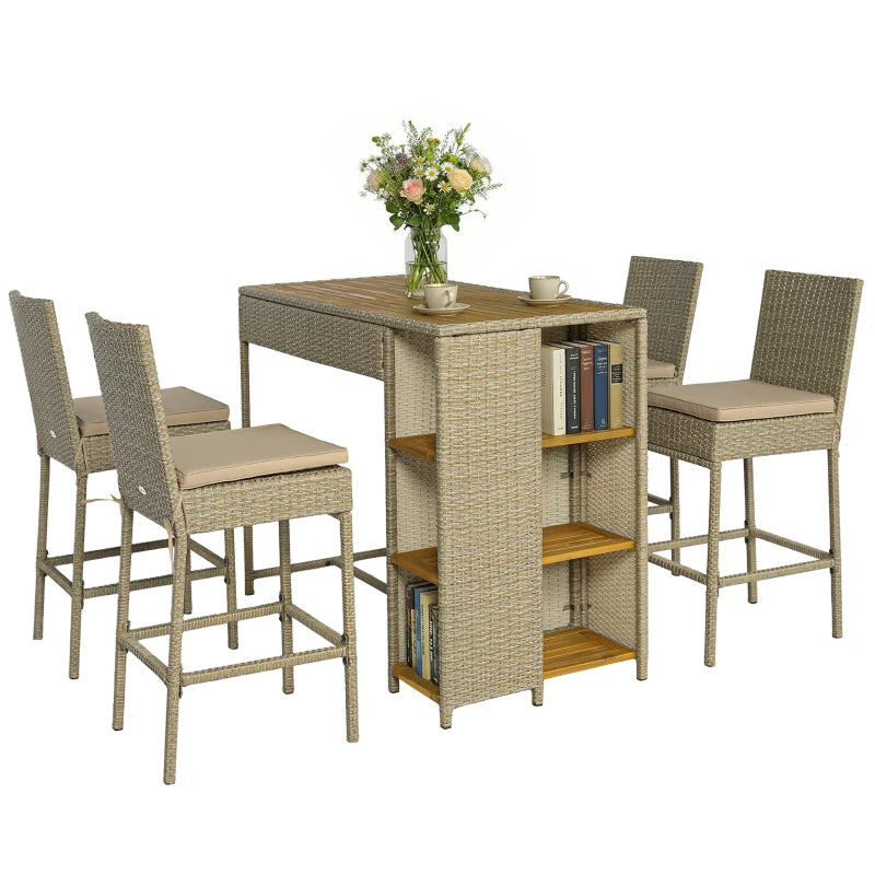 5 Piece Wicker Outdoor Bar Set, Acacia Wood Outdoor High Top Table And Chairs With 3 Tier Shelves, Cushions, Brown