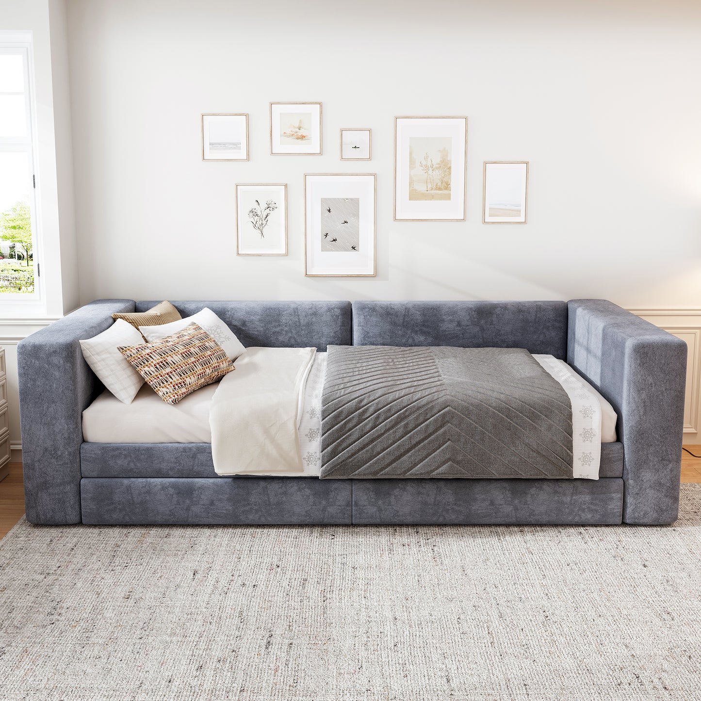 Upholstered Bed, 3FT Single Bed 90x190cm, Daybed Sofa Bed, Side Storage Compartment, 2 Drawers On Wheels, Youth Bed, For Adults & Teenagers, Easy Assembly, Velvet, Grey