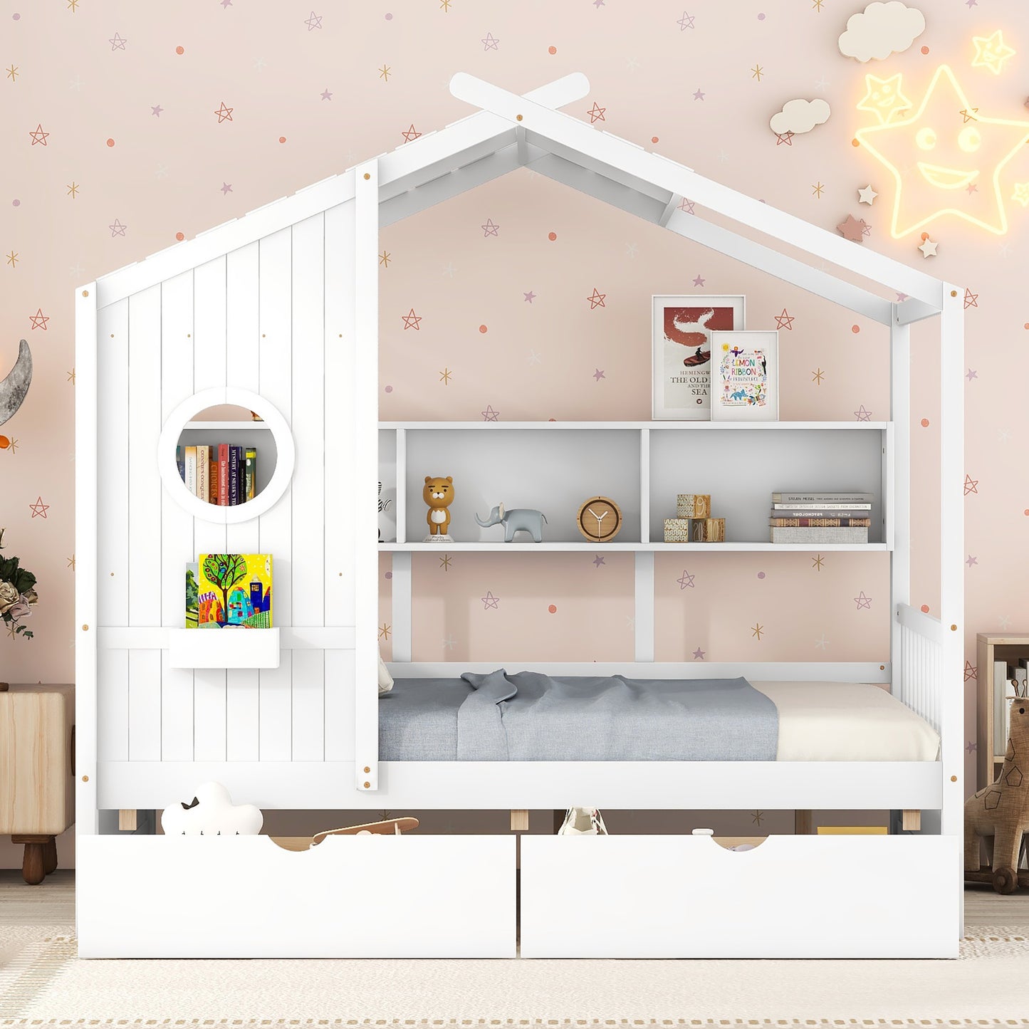 Wooden Full Size House Bed With 2 Drawers,Kids Bed With Storage Shelf, White