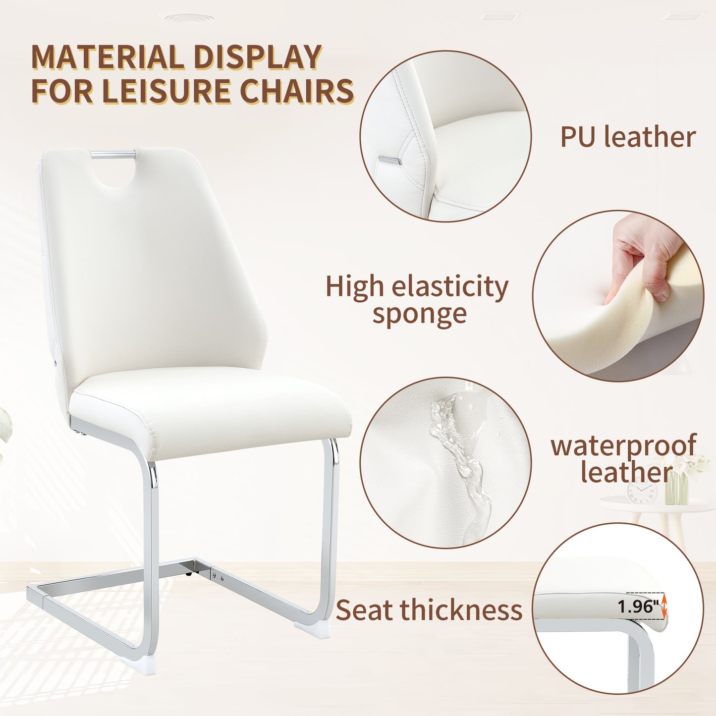 Dining Chairs Set Of 4, White Faux Leather Kitchen Chairs With Gold Mesh Texture, Silver Back Ring And Chrome Pull Handle, High Back Upholstered Dining Room Chair  White, Set Of 4