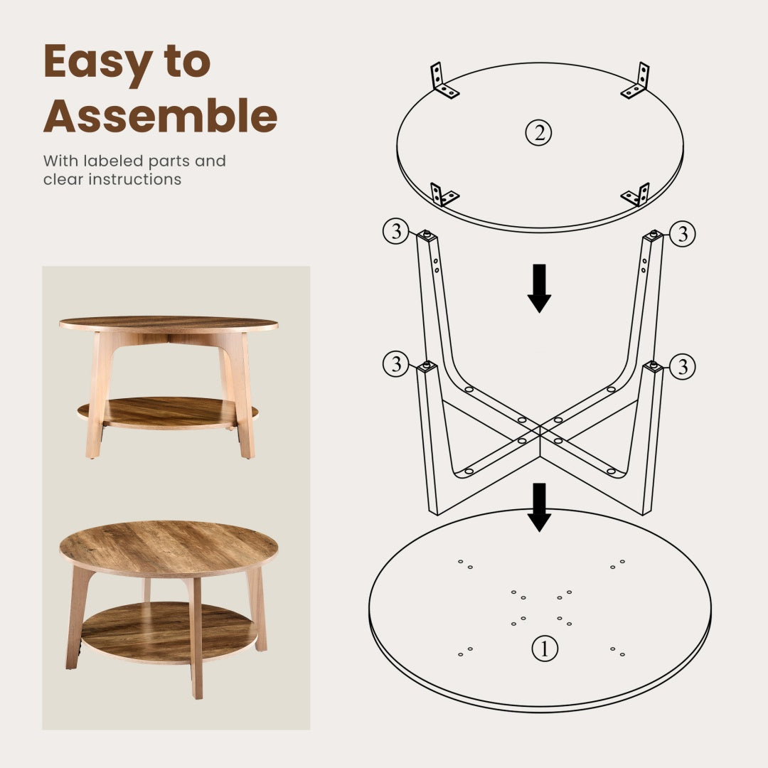 Round Coffee Table, 32 Wood Coffee Tables For Living Room With Storage, 2-Tier Center Circle Counter With Wooded Desktop