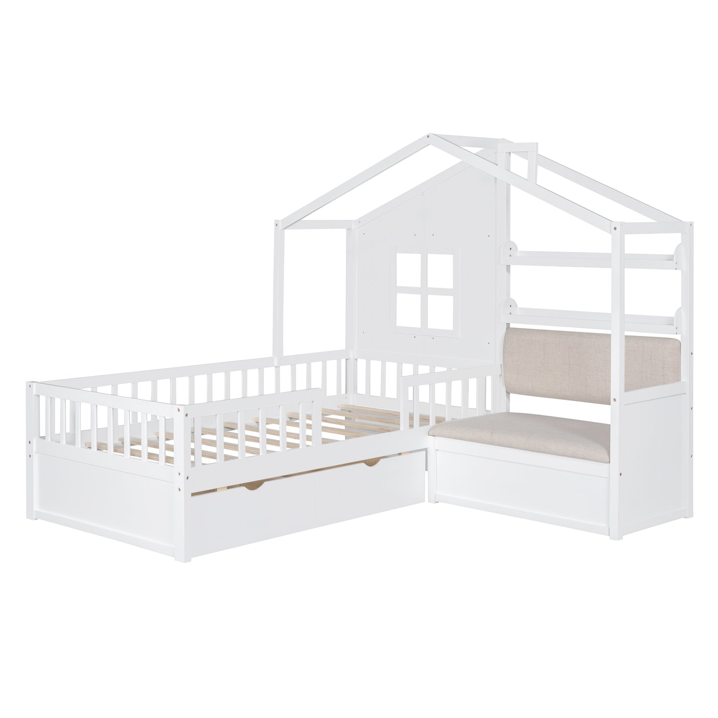 Twin Size House Bed With Sofa, Kids Platform Bed With Two Drawers And Storage Shelf, White
