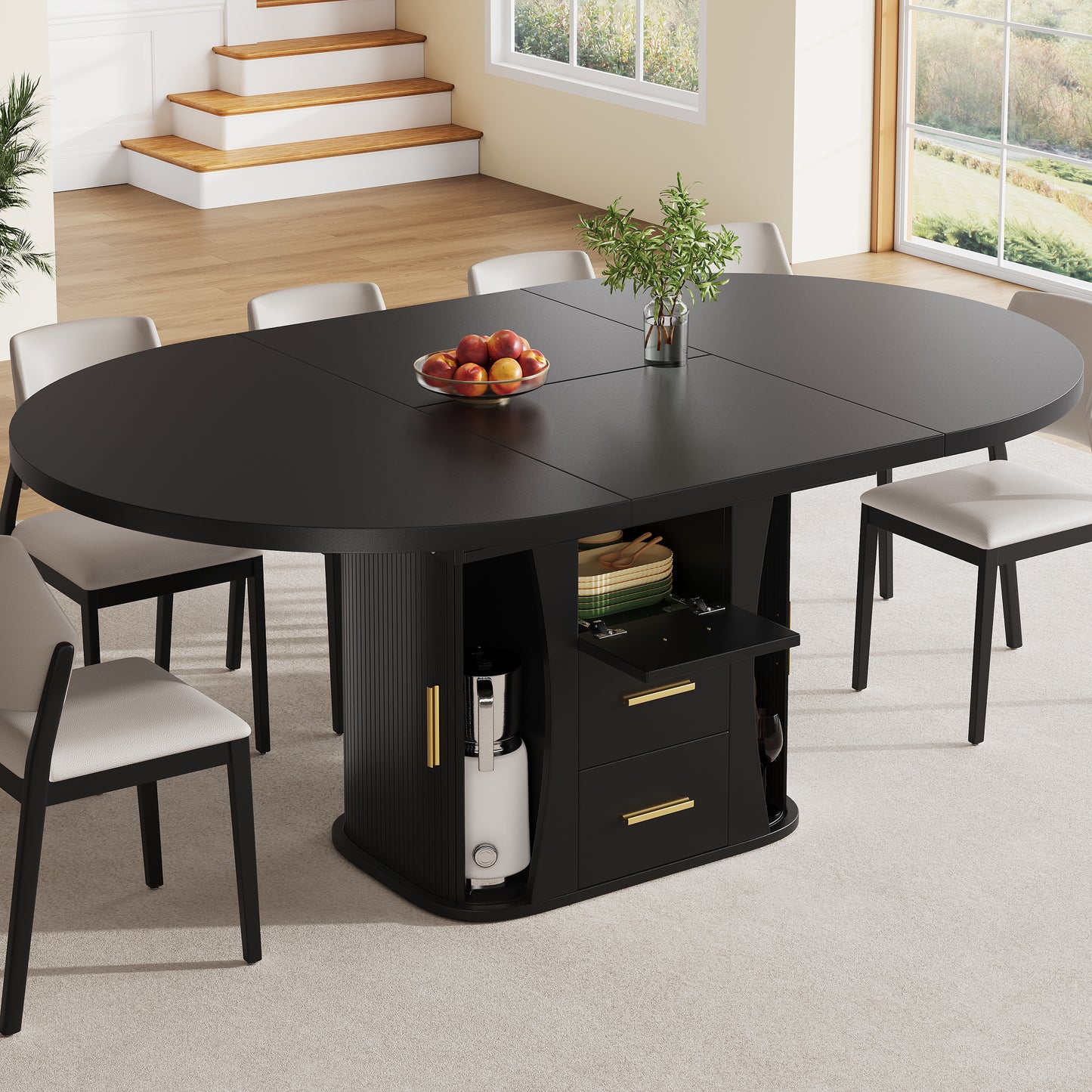Extendable Dining Table, Dining Room Table, Kitchen Table, Round Dining Table, Extends To Oval, 118-158 Cm, Seats Up To 6 People, Three-tier Storage, Black