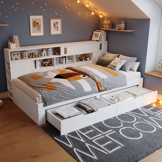 Sofa Bed, Storage Dayed,Double Bed-4ft6135x190 Cm, Multifunctional Storage Bed With Drawers, Shelves And Storage Cabinets, Bed Box With Storage Space, Suitable For Adults, Mattress Not Included, White