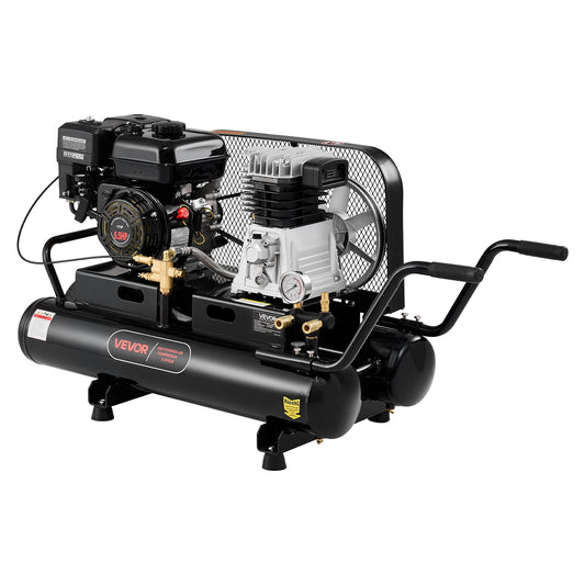9 Gallon Twin-Tank Gas Powered Air Compressor, 6.5HP 9CFM Gas Driven Air Compressor Tank On Wheel, Max 115PSI Piston Pump Air-Compressed System For Tire Inflation, Auto Repairs, Spray Painting