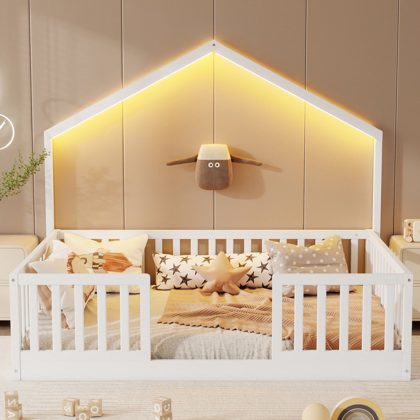 Full Floor Bed With High Rails, Wooden Montessori Bed With Light For Kids, Boys And Girls, WhiteExpect Arrival Date 2026 3 16