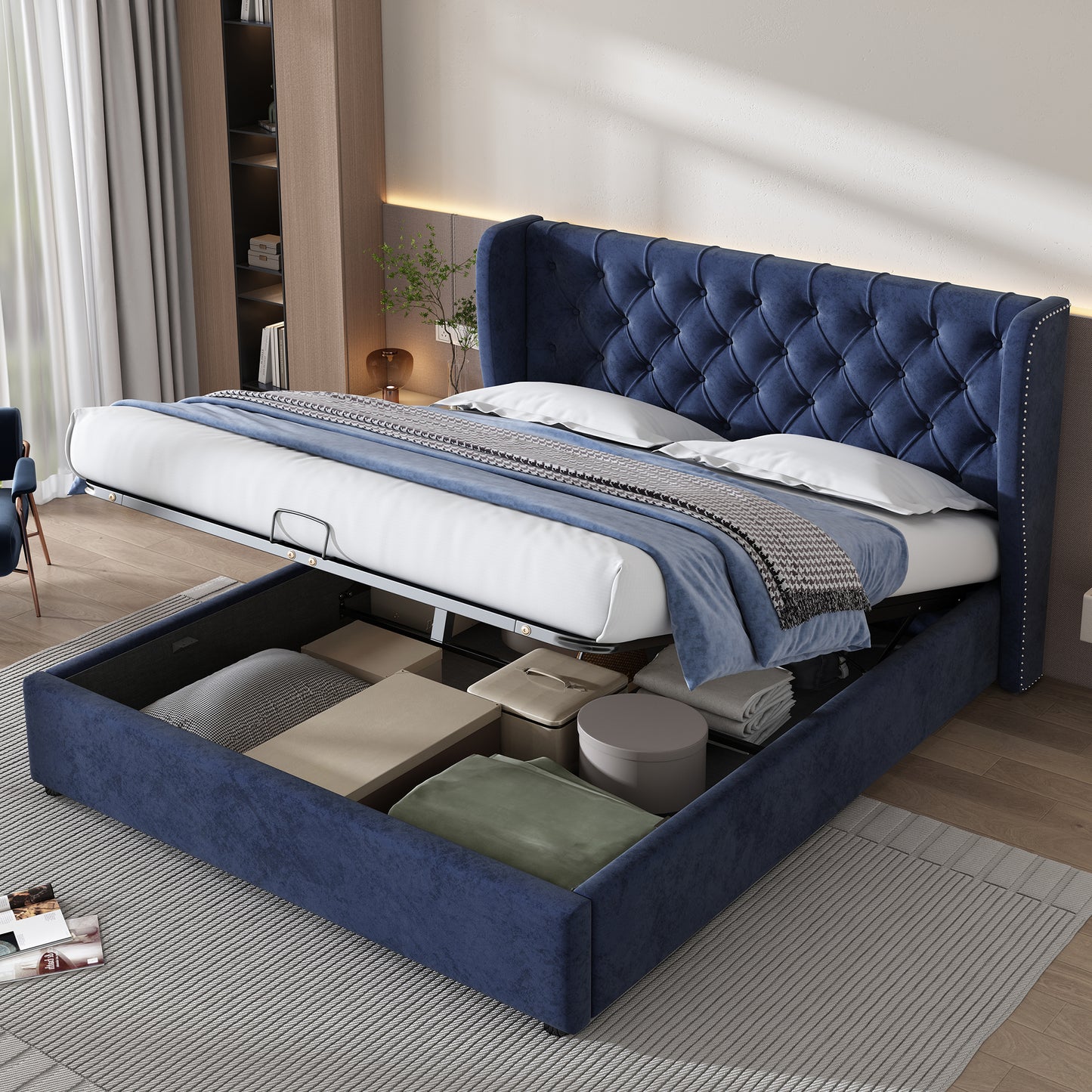 Upholstered Bed, With Hydraulic Lever, Functional Bed From Storage, 135 X 190 Cm, Without Mattress, Velvet, Blue