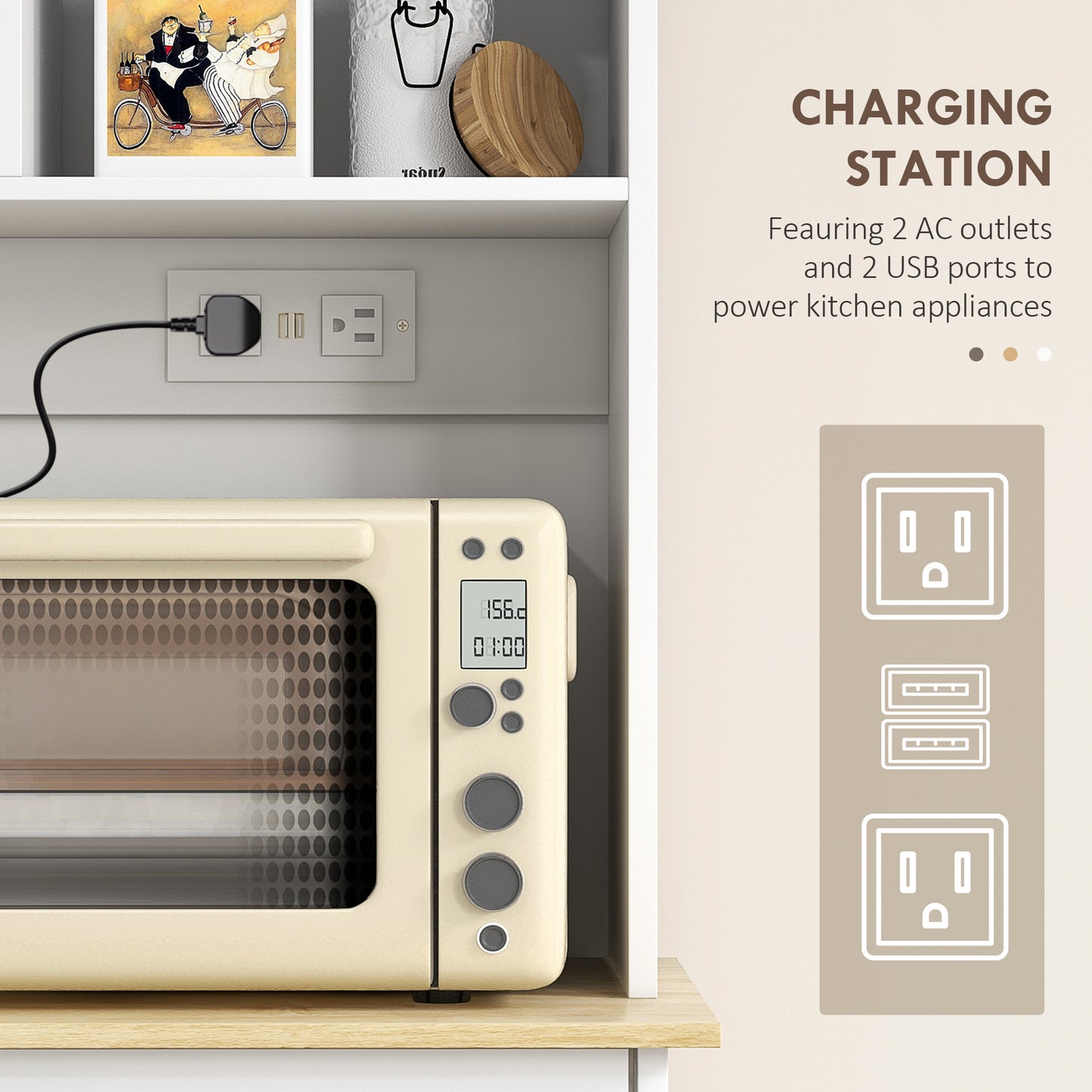 Kitchen Cabinet With Charging Station, 2 Tilt Out Cabinets, Microwave Stand, Freestanding Kitchen Pantry Cabinet, White
