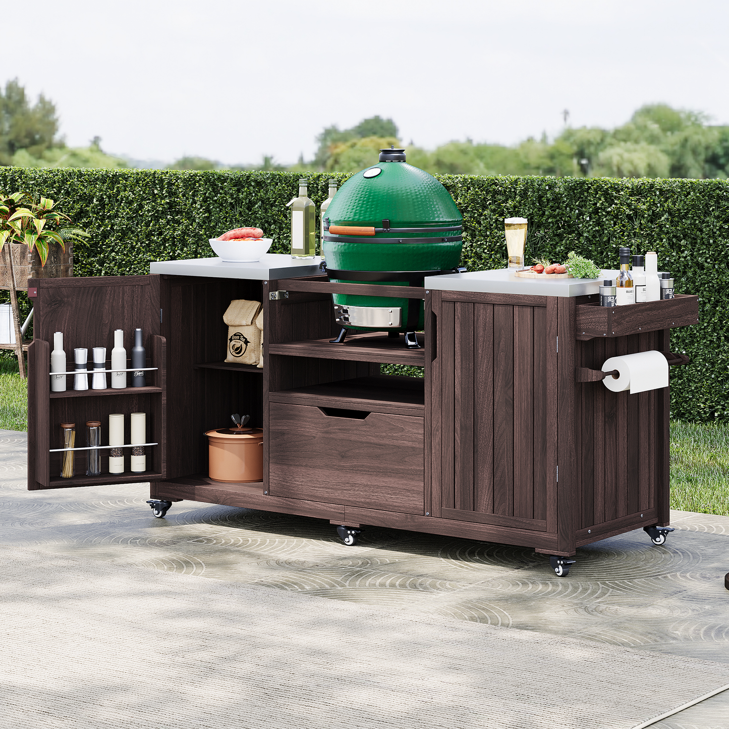 K&K 66.5 Outdoor Kitchen Island, Solid Wood Outdoor Grill Cart, Equipped With Stainless Steel Countertop And Drawers, Compatible With Large Green Egg Grill, Carducci Dark Brown.