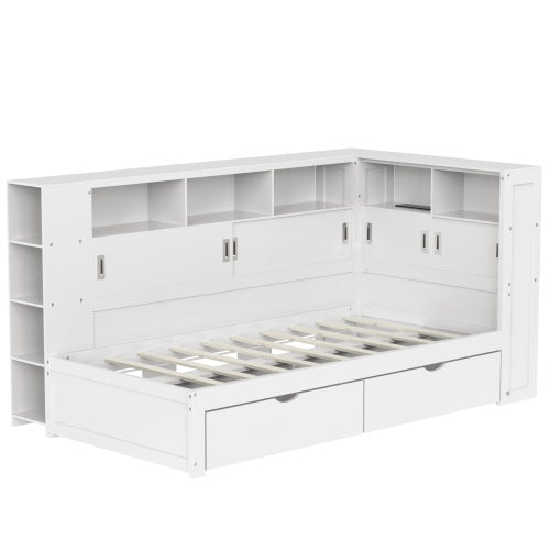 Platform Bed With Trundle  Bookcase  USB,Single Bed-3ft 90x190cm,Household Bed, Multifunctional Bed,with 2 Storage Drawers, Dust-proof Cabinet And Shelves, Large Storage Space,white