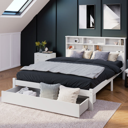 Bed With Shelves, White Wooden Storage Bed, Underbed Drawer - 4ft6 Double 135 X 190 Cm