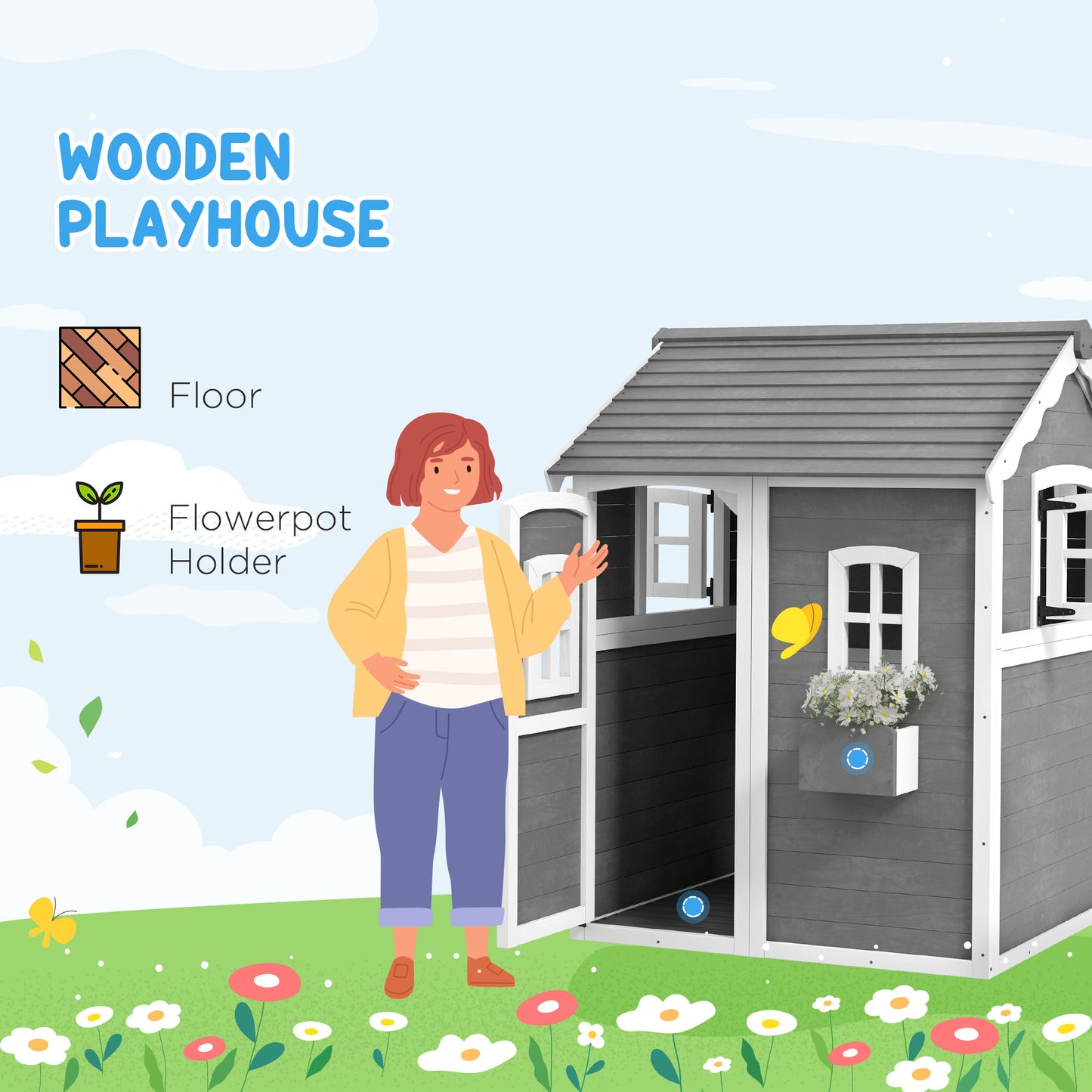 Outdoor Wooden Playhouse for Kids with Floor, Door, Windows, Planter Box for 3-8 Years Old, Backyard, Lawn, Garden