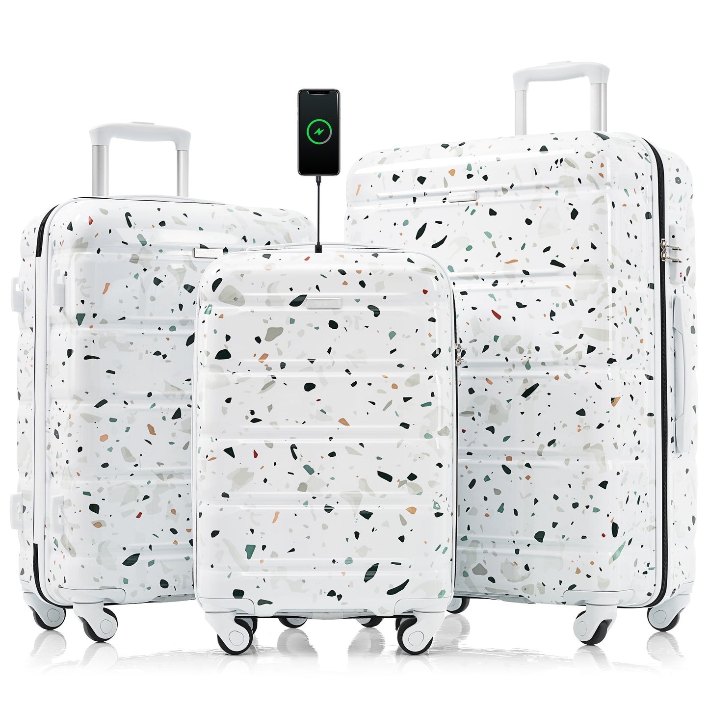 Luggage Set Of 3, 20-inch With USB Port, Airline Certified Carry-on Luggage  , ABS PC Hard Shell Luggage With Spinner Wheels,starry Sky White