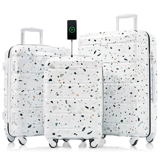 Luggage Set Of 3, 20-inch With USB Port, Airline Certified Carry-on Luggage  , ABS PC Hard Shell Luggage With Spinner Wheels,starry Sky White