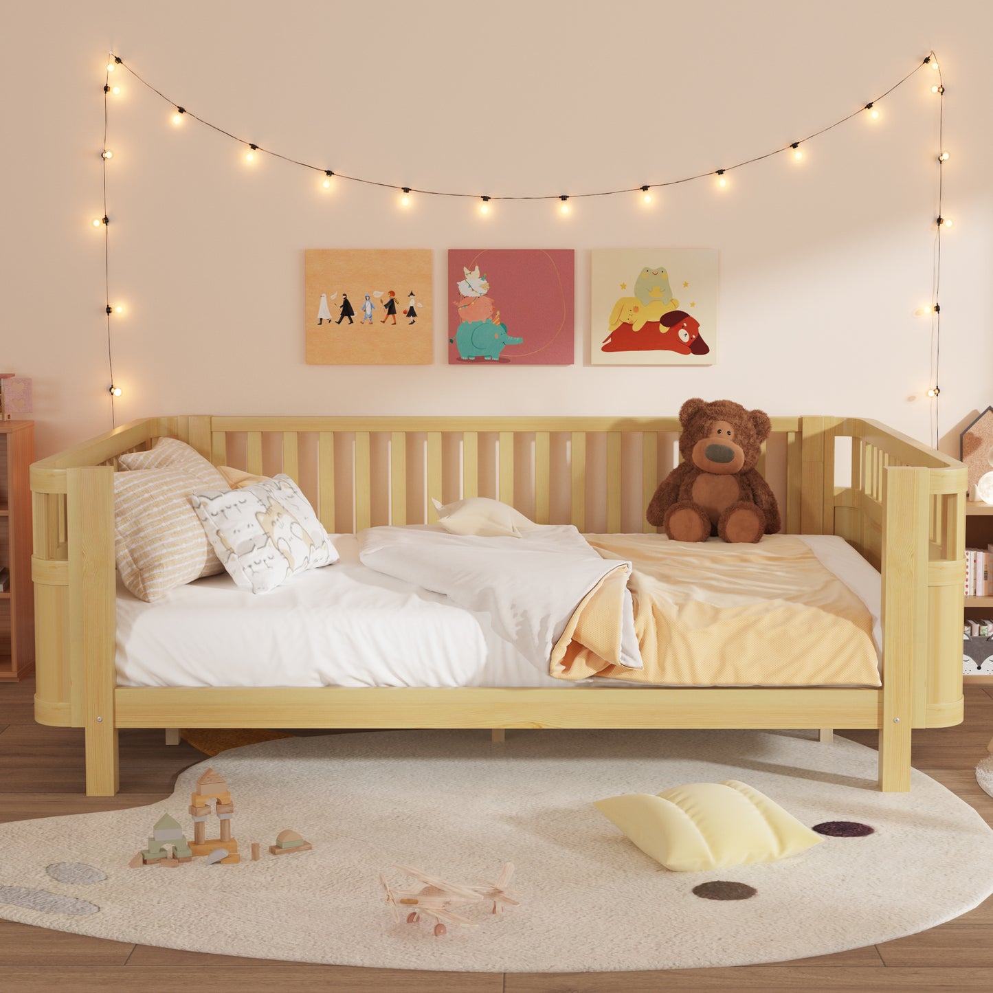 Queen Size Wood Platform Bed, Wood Low Profile Queen Bed With Rails For Girls And Boys,NaturalExpect Arrival Date 2026 3 30