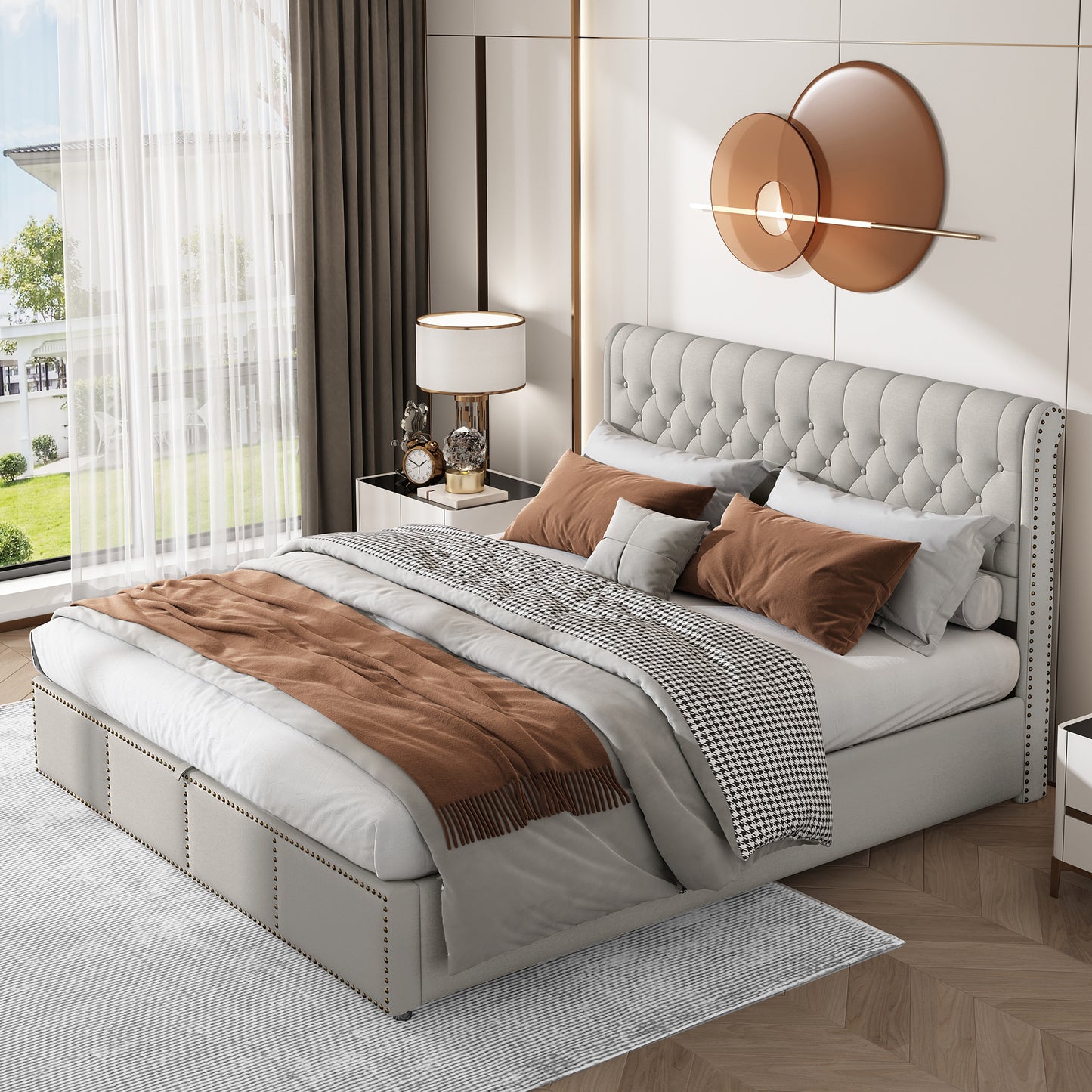 Upholstered Bed,Super King Size Bed-6ft 180x200cm,with Hydraulic Lever, Functional Storage Bed, Rivet Decoration, Without Mattress, Linen, Light Grey,