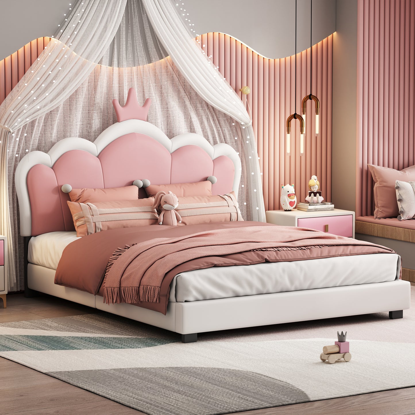 Full Size Upholstered Princess Bed With Crown Headboard,Full Size Platform Bed With Headboard And Footboard, Cream Pink