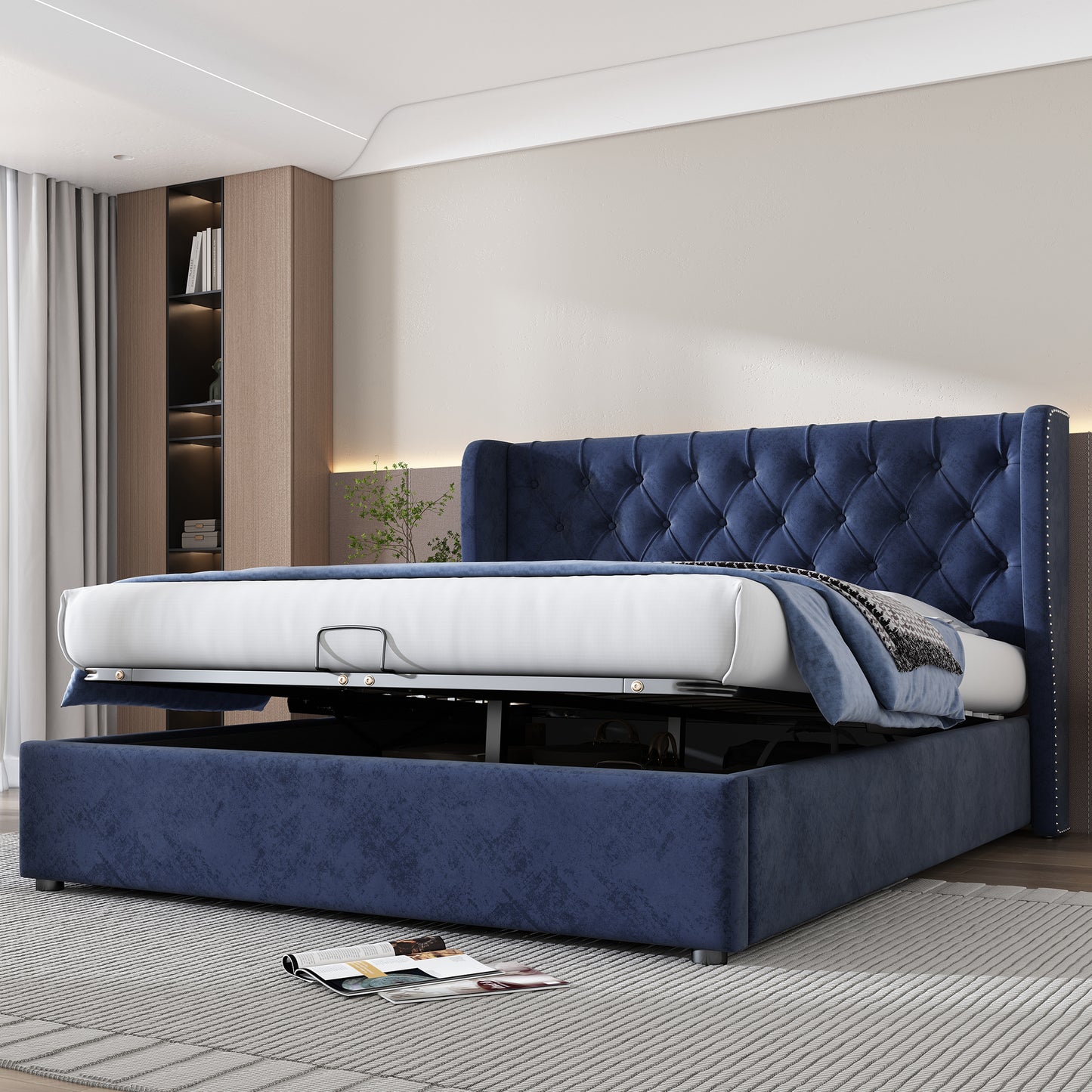 Upholstered Bed, With Hydraulic Lever, Functional Bed From Storage, 135 X 190 Cm, Without Mattress, Velvet, Blue