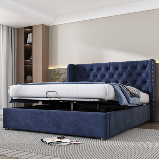 Upholstered Bed, With Hydraulic Lever, Functional Bed From Storage, 135 X 190 Cm, Without Mattress, Velvet, Blue