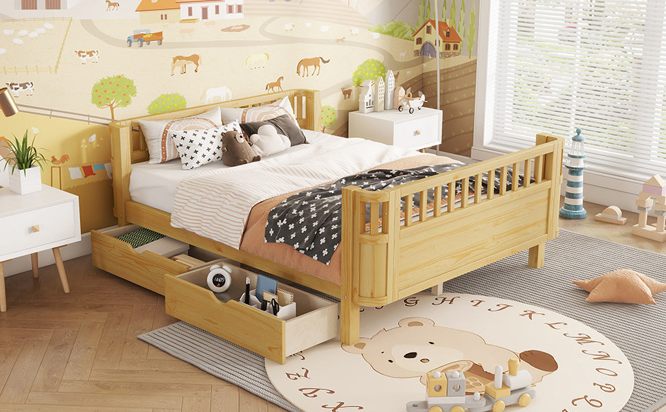 Full Size Wood Platform Bed For Kids, Wood Low Profile Full Bed With Rails For Girls And Boys, Natural