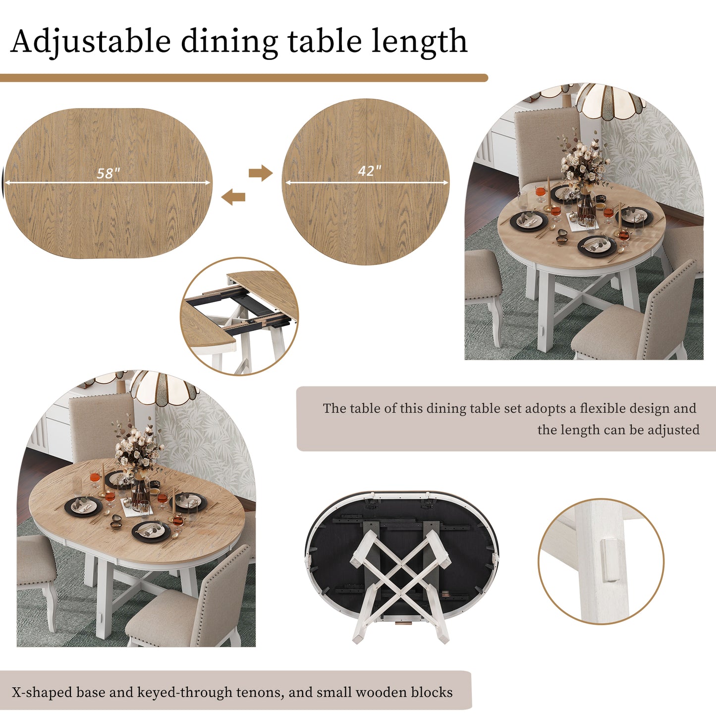 TREXM Farmhouse Round Extendable Dining Table With 16 Leaf Wood Kitchen Table  Oak Natural Wood  Antique White