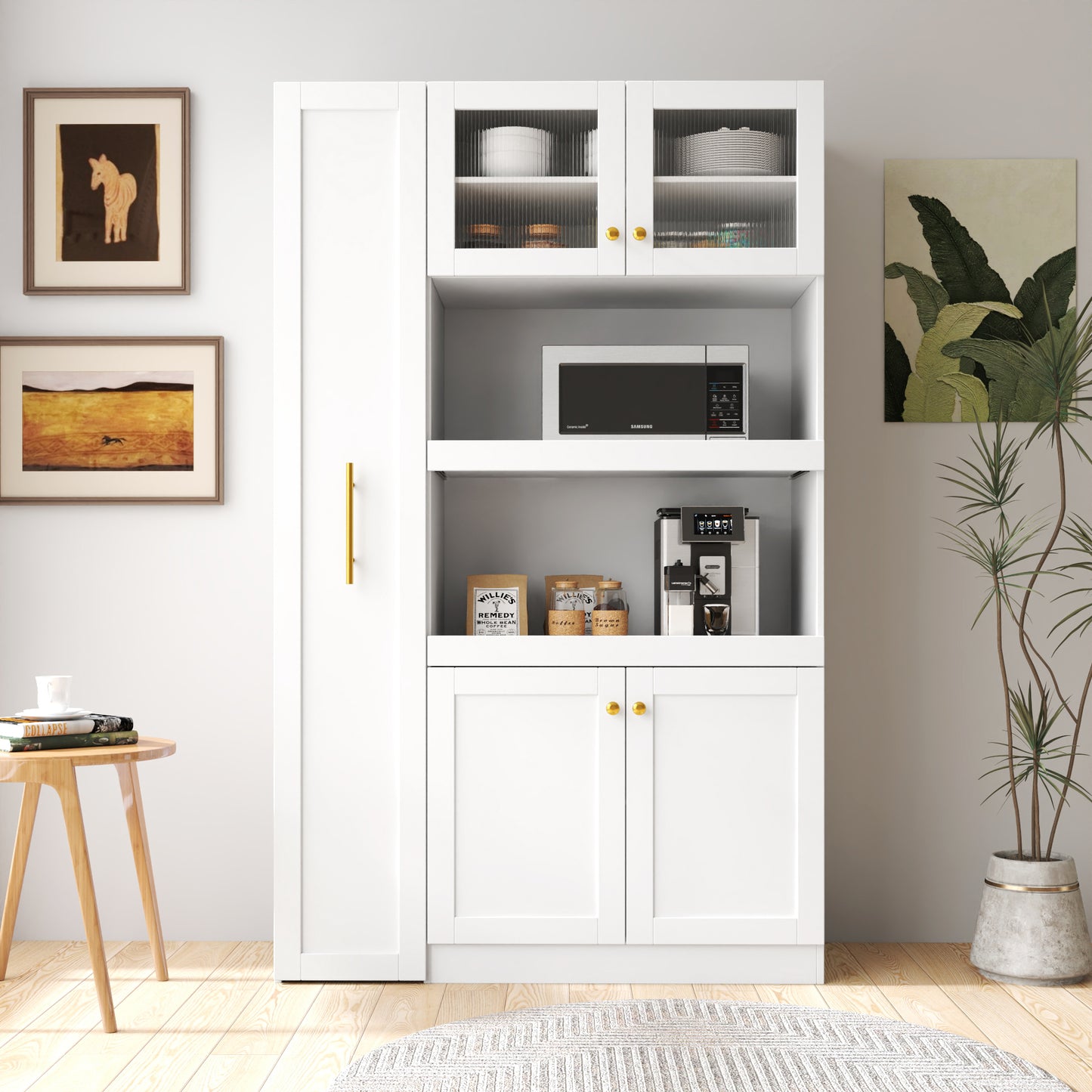 Kitchen Pantry Cabinet With Multi-functional Pull-out Multi-tier Storage Shelf,Farmhouse Storage Cabinet With 4 Doors,Pantry Organizers For Kitchen,Dining Room White