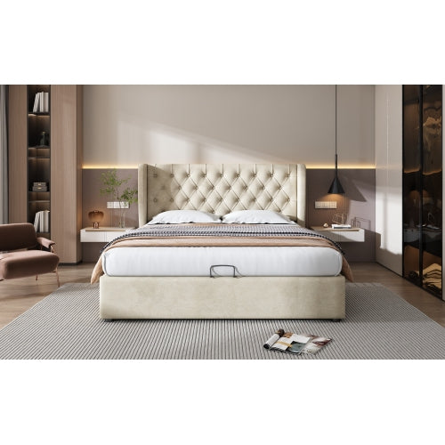 Upholstered Bed, With Hydraulic Lever, Functional Bed From Storage, 135 X 190 Cm, Without Mattress, Velvet, Beige