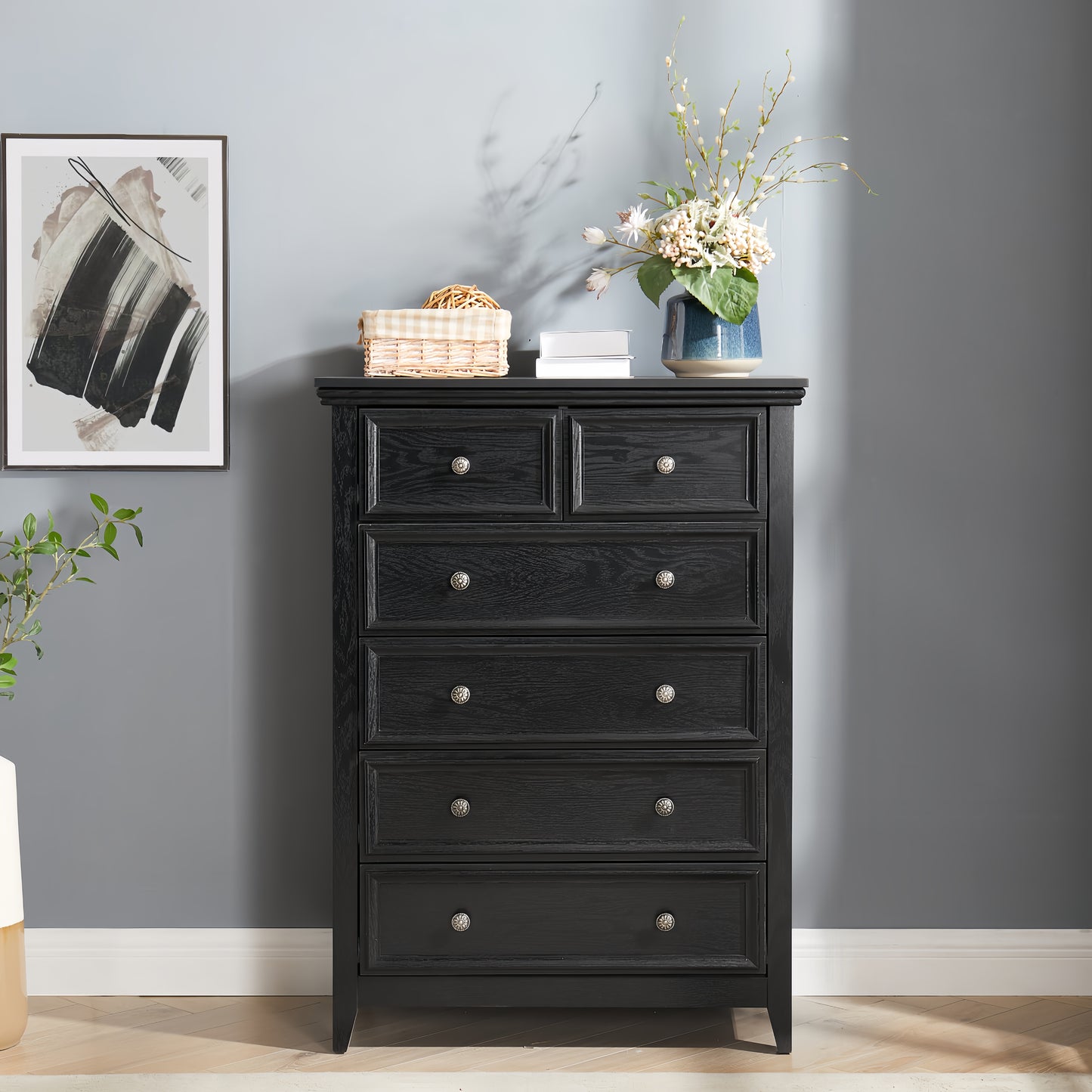 Modern 6 Drawers Dresser 6 Drawers Cabinet,Chest Of Drawers Closet Organizers And Storage Clothes Storage Drawers Cabinet For Living Room, Farmhouse Dresser Organizer Black