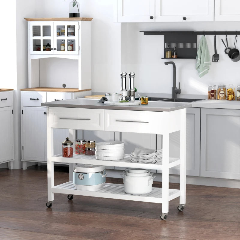 Kitchen Island With Stainless Steel Top, Traditional Kitchen Island With Storage, Butcher Block Cart 2-Tier Open Shelves, Drawers, White