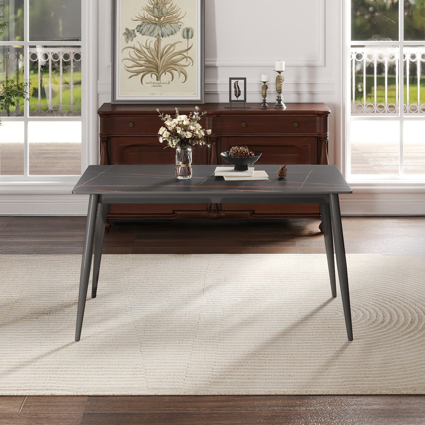 55.12  Modern Artificial Stone Black Straight Edge Dark Grey Metal Leg Dining Table-Can Accommodate 6 People Dining Table Only