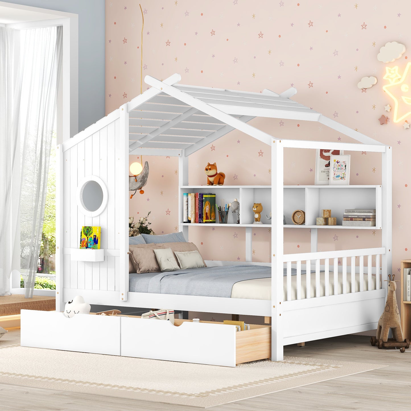 Wooden Full Size House Bed With 2 Drawers,Kids Bed With Storage Shelf, White