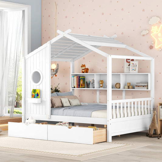 Wooden Full Size House Bed With 2 Drawers,Kids Bed With Storage Shelf, White