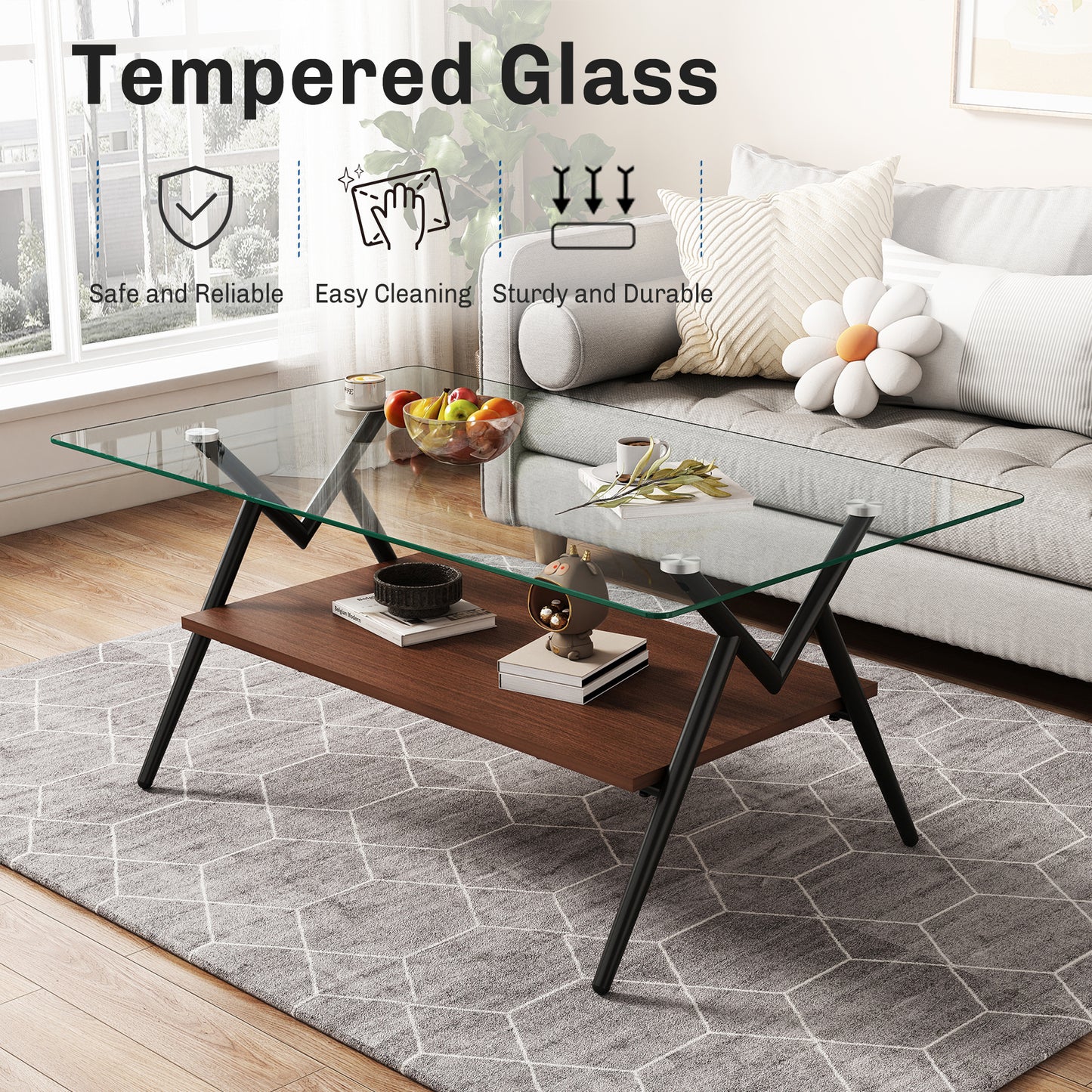 Coffee Table And End Tables Set Of 3, Tempered Glass Table With MDF Layer, Modern Tables For Living Room , Transparent Glass