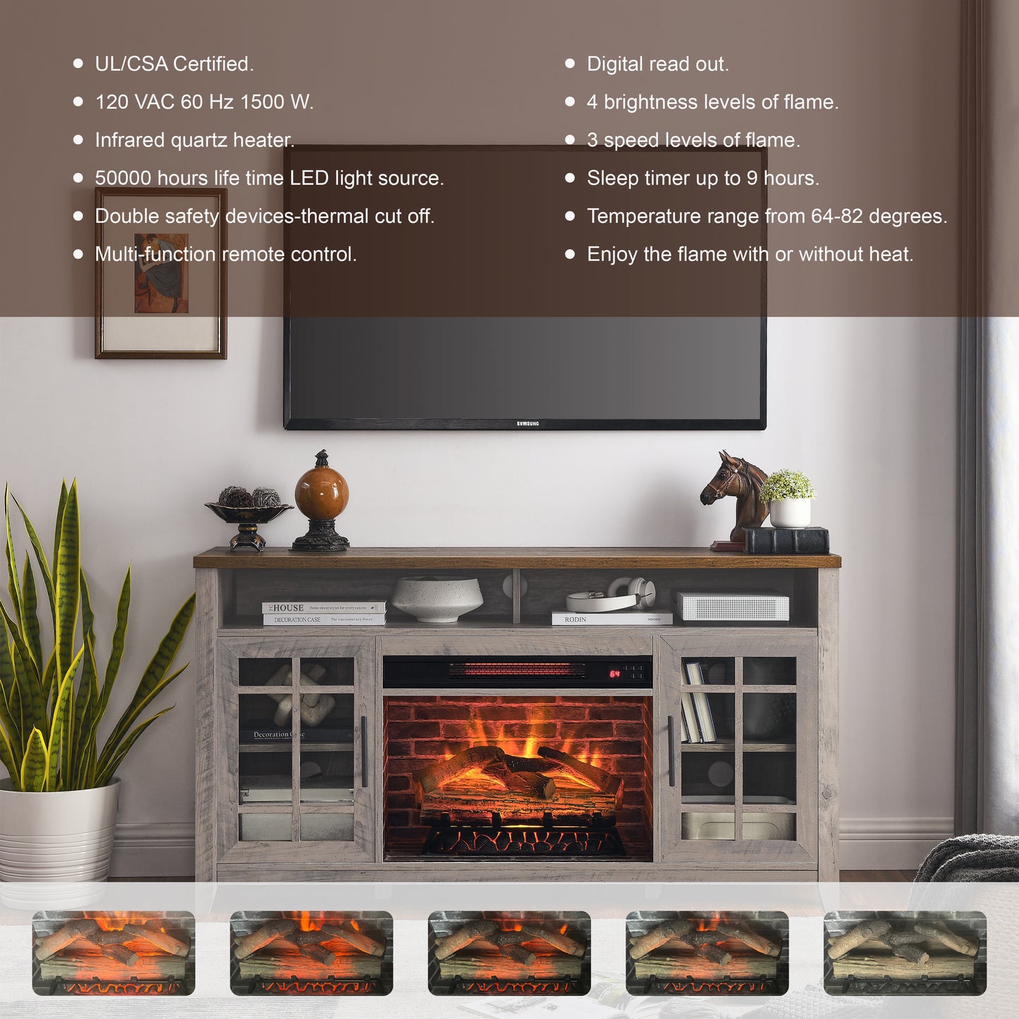 55 Inch TV Media Stand With Electric Fireplace KD Inserts Heater,Gray Wash Color