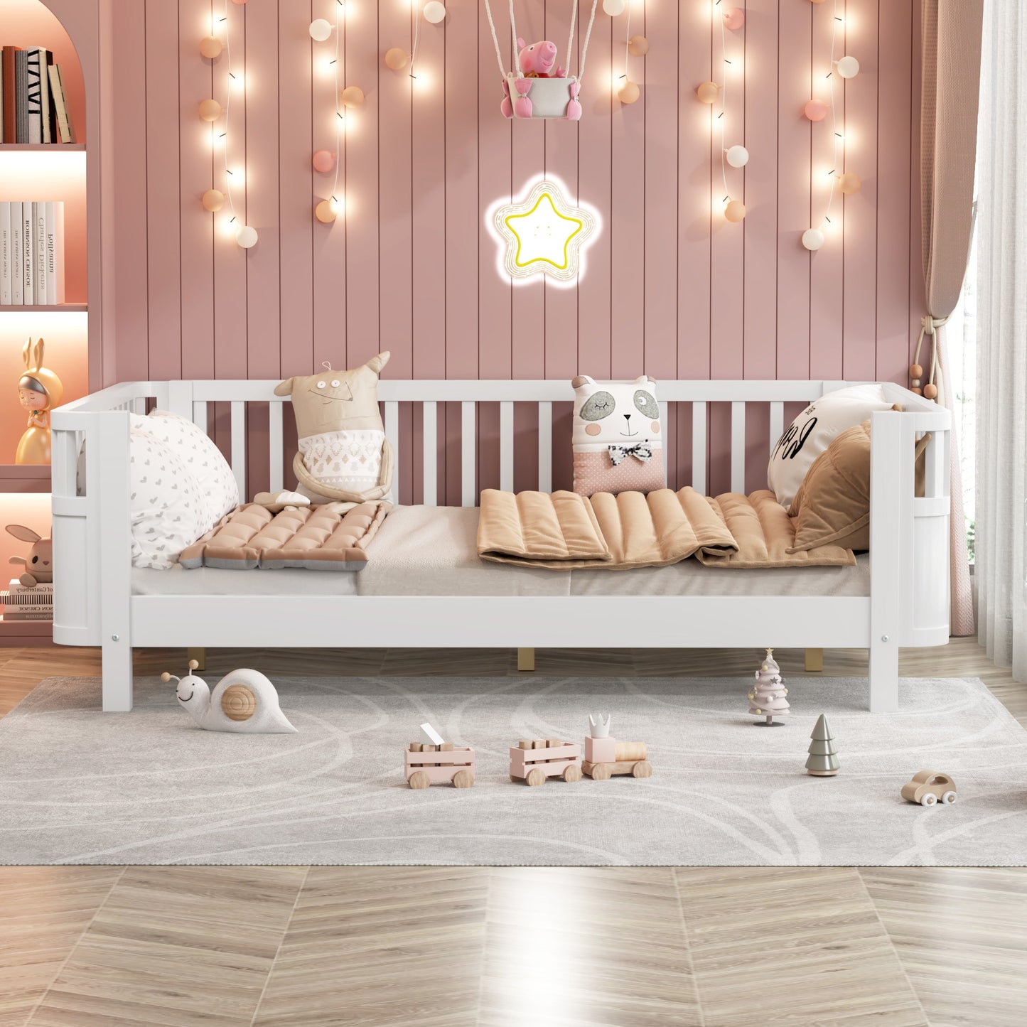 Full Size Wood Platform Bed For Kids, Wood Low Profile Full Bed With Rails For Girls And Boys, White Patented Design, Old SKU W2593P233767