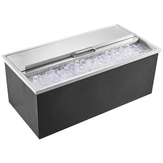 Drop In Ice Chest, 36'L X 18'W X 14'H Stainless Steel Ice Cooler, Commercial Ice Bin With Sliding Cover, 40.9 Qt Outdoor Kitchen Ice Bar, Drain-pipe And Drain Plug Included, For Cold Wine Beer
