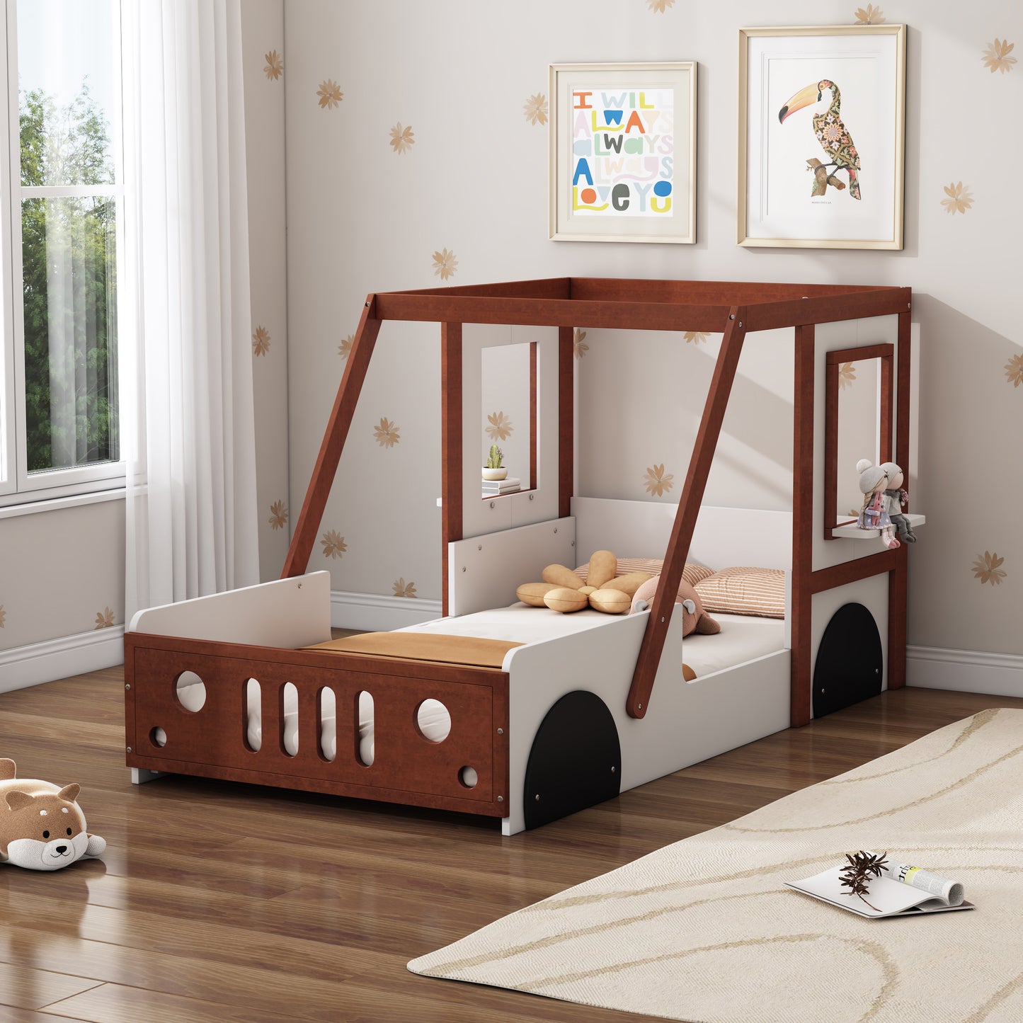 Play Design Twin Size Car Bed, Kids Platform Bed In Car-Shaped For Kids Boys Girls Teens,White  Orange