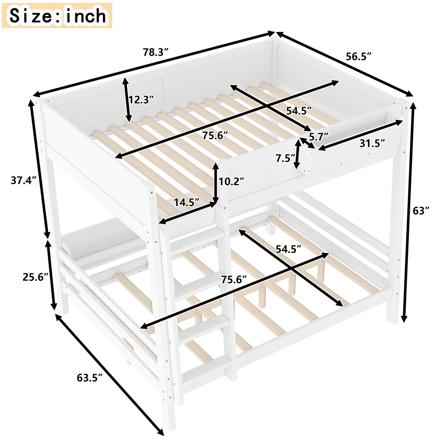 Full Bunk Bed With  Storage Shelf And Bookshelf,Wood Bunk Bed With Ladder And Guardrails,Detachable Design,White