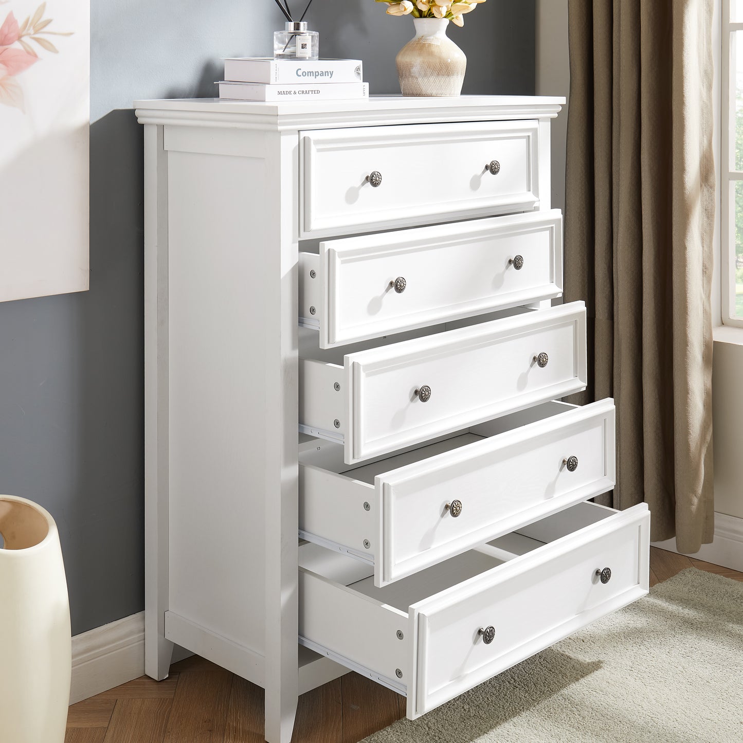 Modern 5 Drawers Dresser 5 Drawers Cabinet,Chest Of Drawers Closet Organizers And Storage Clothes Storage Drawers Cabinet For Living Room, Farmhouse Dresser Organizer WHITE